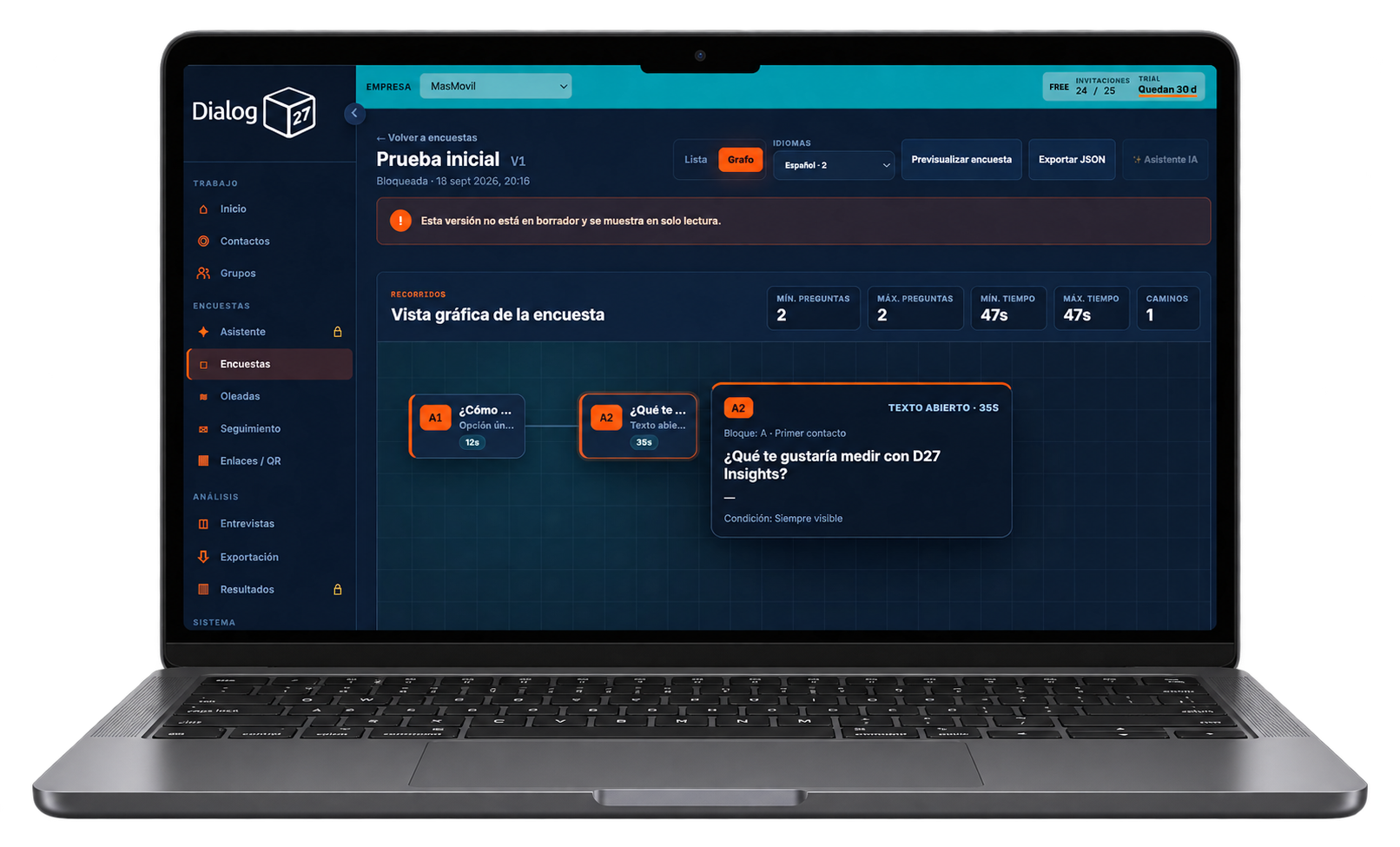 Creación, distribución y análisis de encuestas con inteligencia artificial en D27 Insights