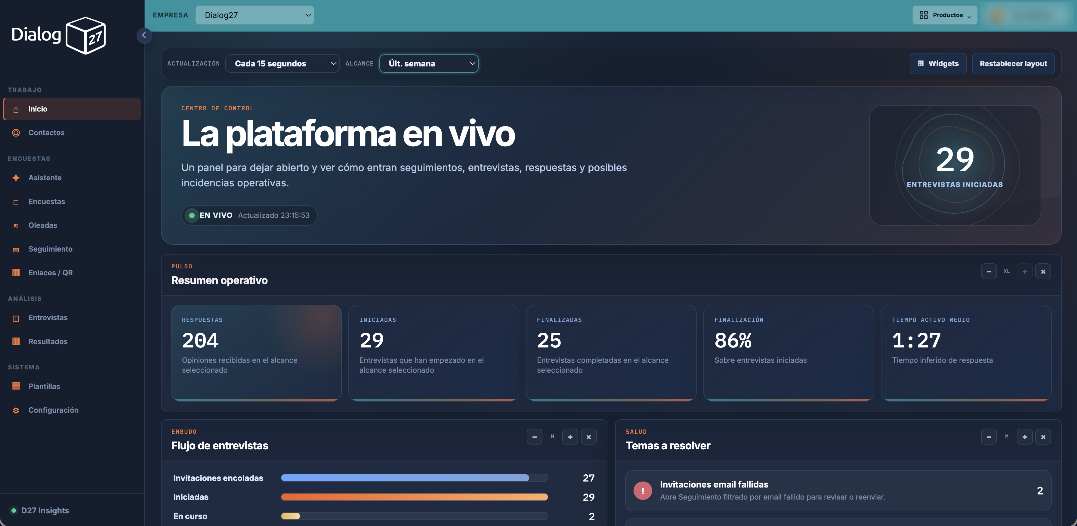 Panel de inicio en vivo de D27 Insights
