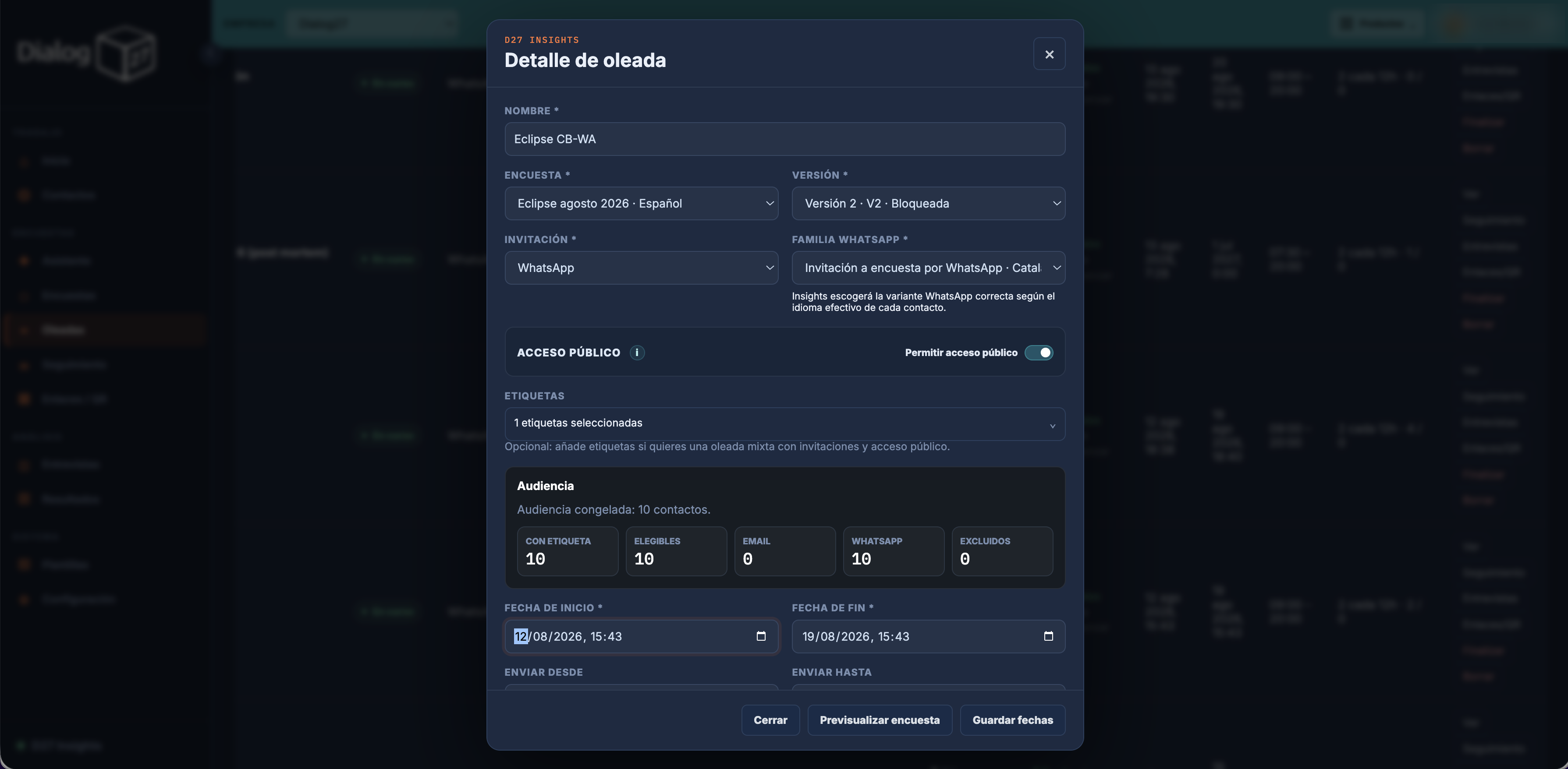 Detalle y configuración de una oleada