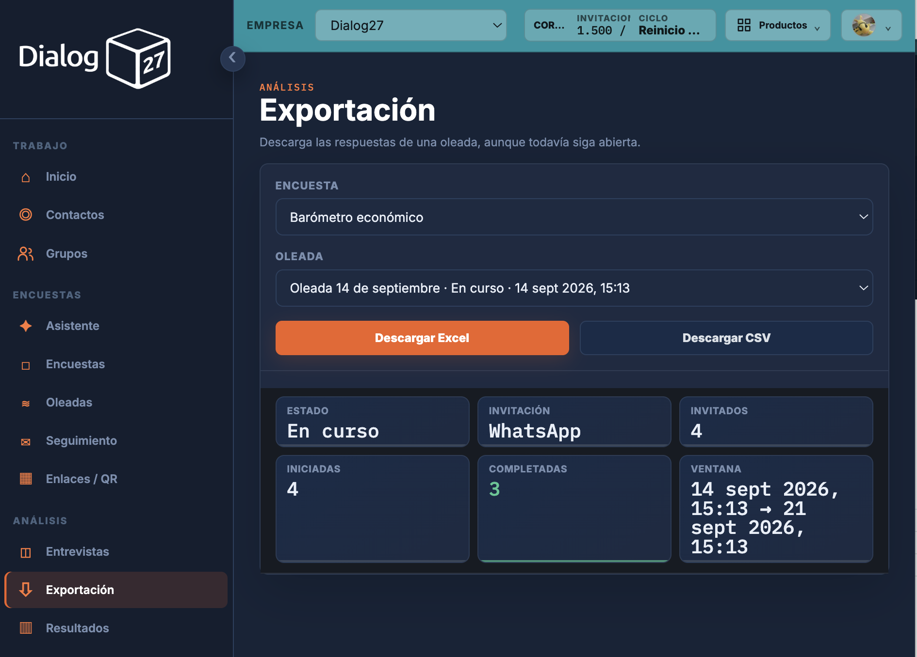 Pantalla de exportación de resultados en D27 Insights