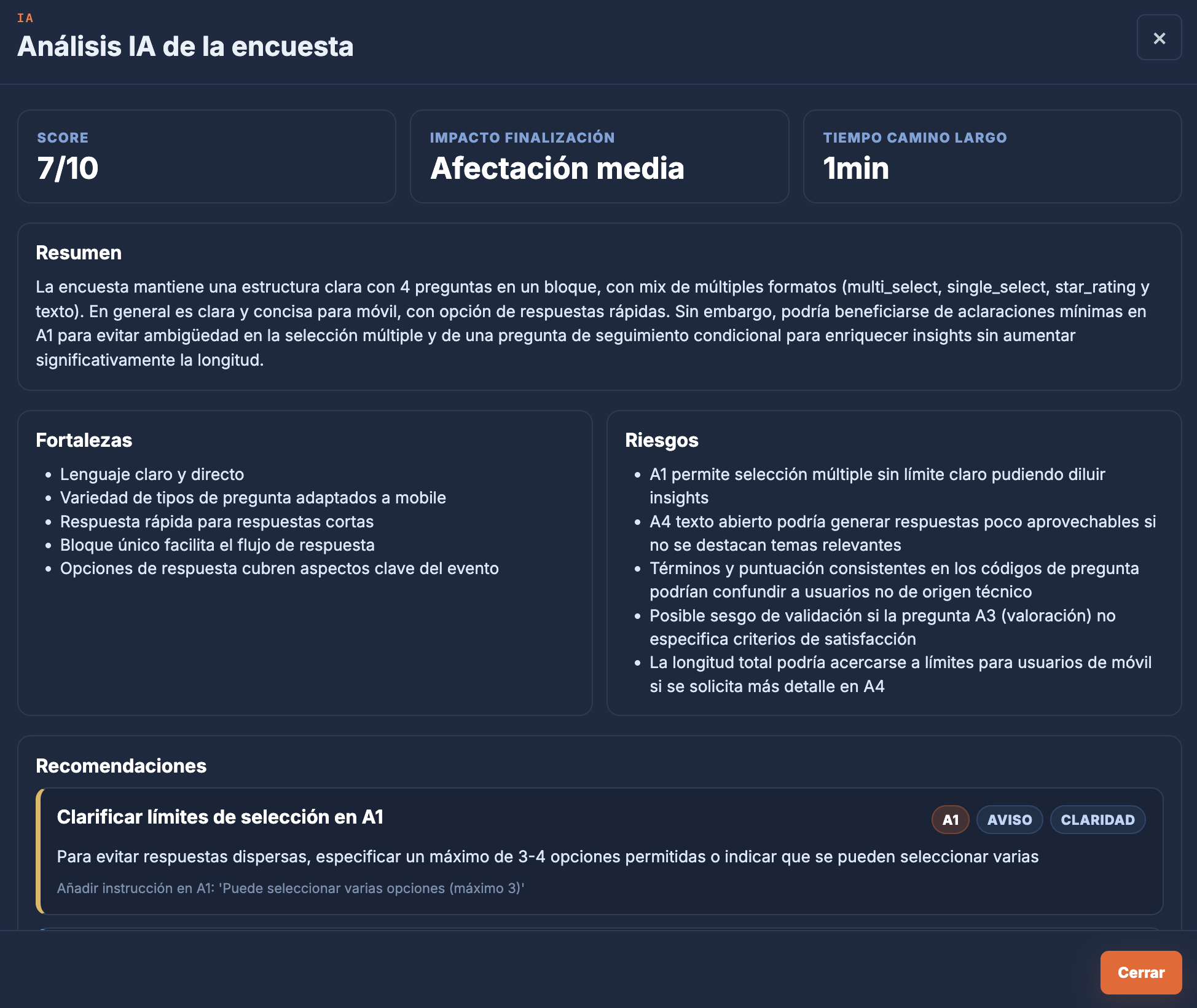 Análisis IA de una encuesta con resumen y recomendaciones