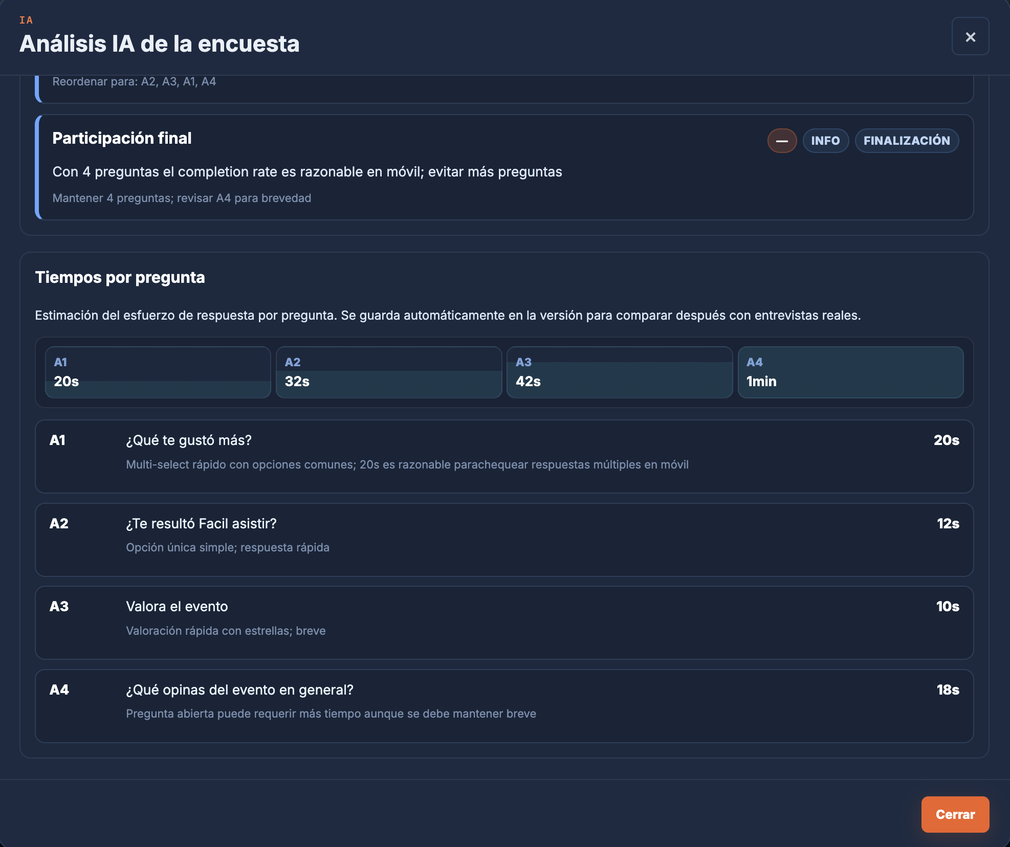 Tiempos por pregunta estimados por IA