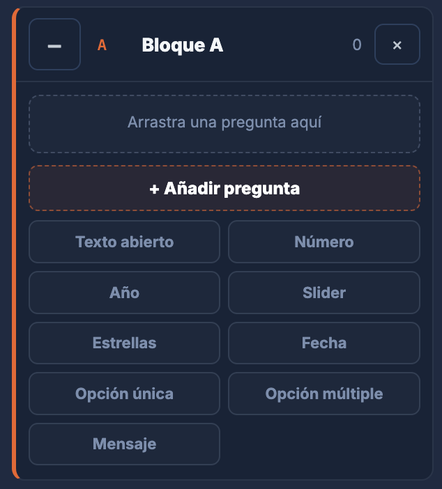 Editor de bloque con tipos de pregunta de D27 Insights
